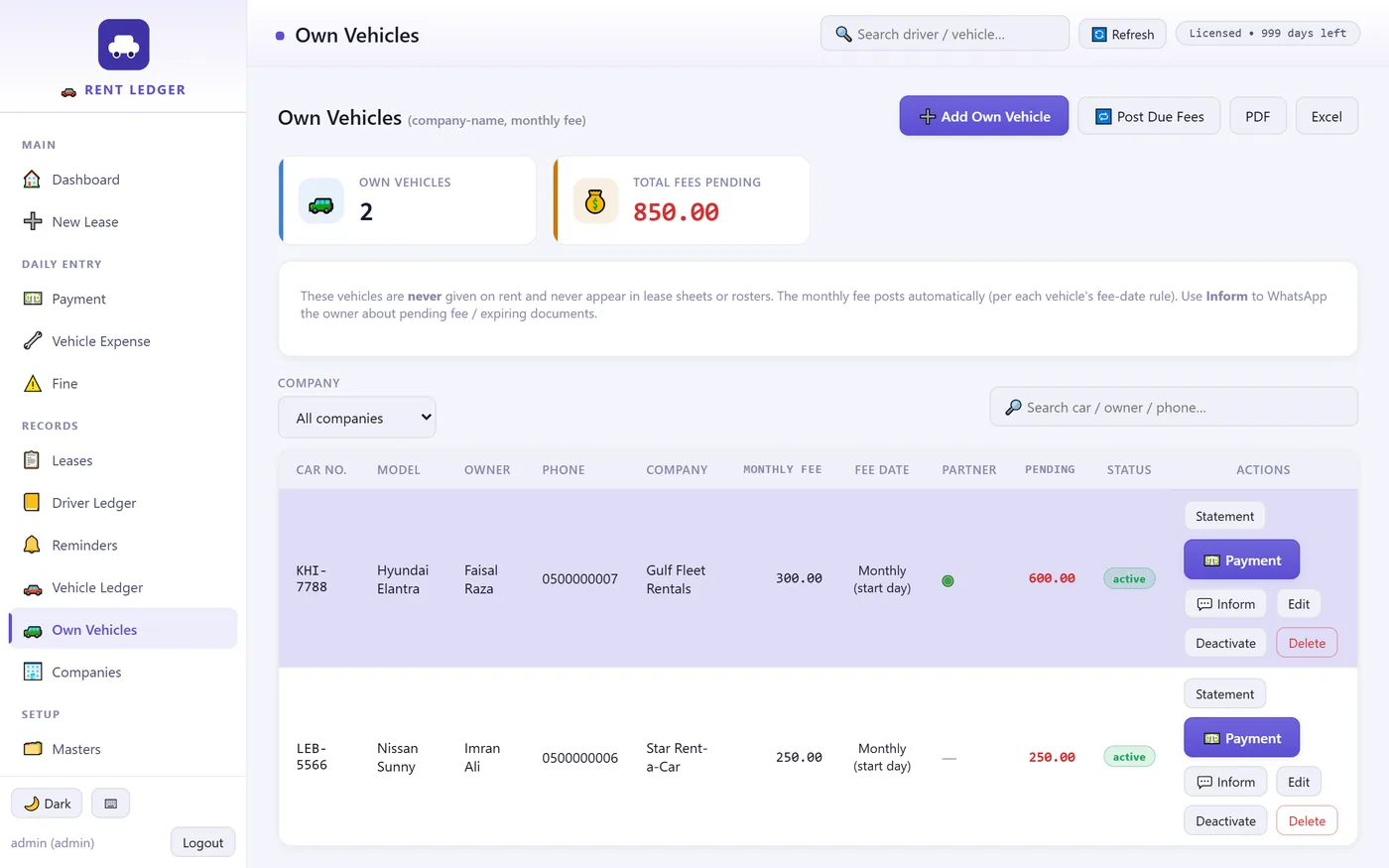 Own-vehicle fee ledger in Rent Ledger