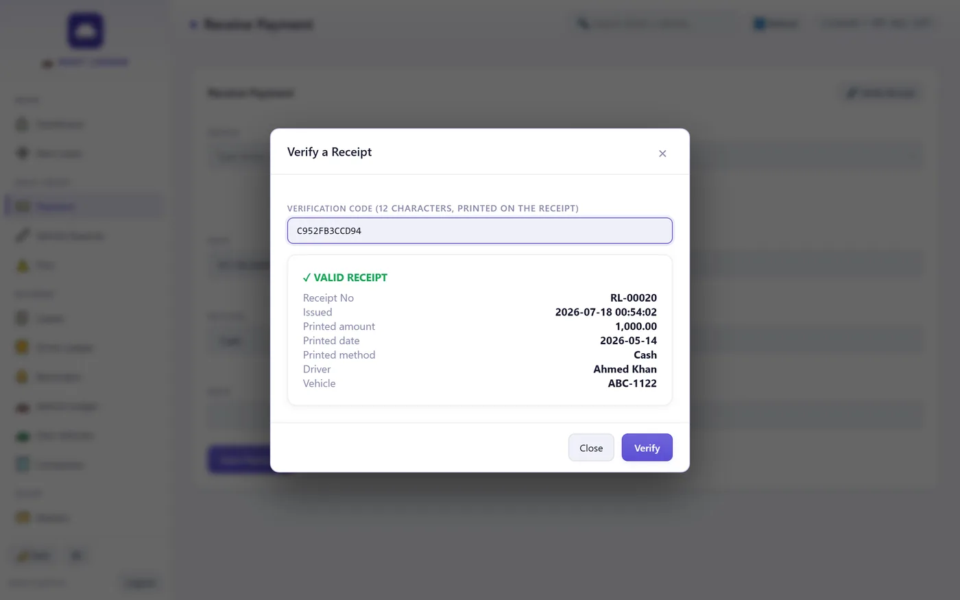 Receipt verification in Rent Ledger checking a printed receipt code