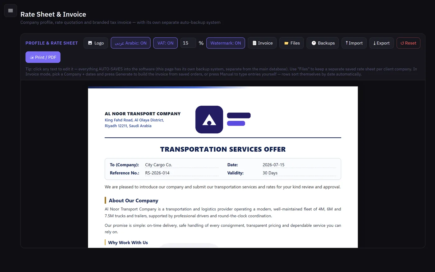 Rate sheet and invoice builder in Transport Ledger with a client quotation