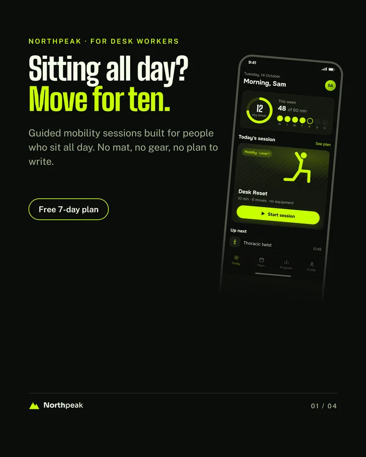 Fitness app hook slide with a tilted phone: Sitting all day? Move for ten