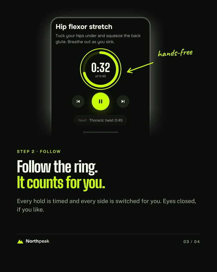Annotated app screenshot slide with a ring around the workout timer
